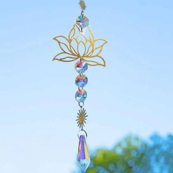 Golden Sun And Lotus Flower Crystal Hanging Sun Catcher - Picture 1 of 8
